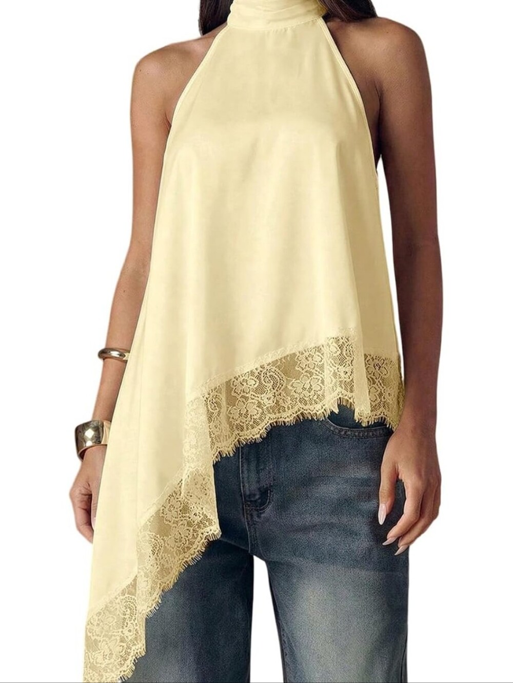 Women's Yellow Halter Lace Asymmetrical Top